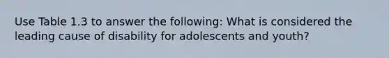 Use Table 1.3 to answer the following: What is considered the leading cause of disability for adolescents and youth?