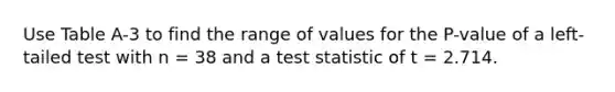 Use Table A-3 to find the range of values for the P-value of a left-tailed test with n = 38 and a test statistic of t = 2.714.