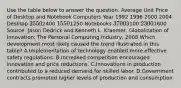 Use the table below to answer the question. Average Unit Price of Desktop and Notebook Computers Year 1992 1996 2000 2004 Desktop 25502400 15501250 Notebooks 37003100 23001600 Source: Jason Dedrick and Kenneth L. Kraemer, Globalization of Innovation: The Personal Computing Industry, 2008 Which development most likely caused the trend illustrated in this table? A.Implementation of technology enabled more effective safety regulations. B.Increased competition encouraged innovation and price reductions. C.Innovations in production contributed to a reduced demand for skilled labor. D.Government contracts promoted higher levels of production and consumption