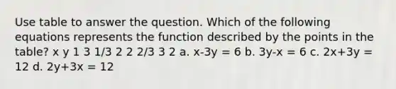 Use table to answer the question. Which of the following equations represents the function described by the points in the table? x y 1 3 1/3 2 2 2/3 3 2 a. x-3y = 6 b. 3y-x = 6 c. 2x+3y = 12 d. 2y+3x = 12