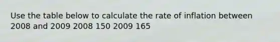 Use the table below to calculate the rate of inflation between 2008 and 2009 2008 150 2009 165