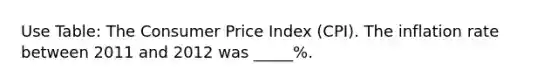 Use Table: The Consumer Price Index (CPI). The inflation rate between 2011 and 2012 was _____%.