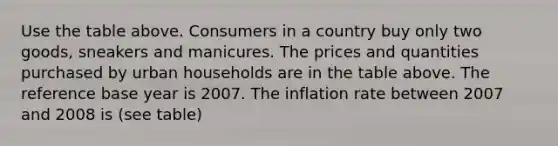 Use the table above. Consumers in a country buy only two goods, sneakers and manicures. The prices and quantities purchased by urban households are in the table above. The reference base year is 2007. The inflation rate between 2007 and 2008 is (see table)