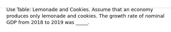 Use Table: Lemonade and Cookies. Assume that an economy produces only lemonade and cookies. The growth rate of nominal GDP from 2018 to 2019 was _____.