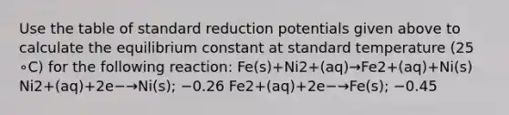 Use the table of standard reduction potentials given above to calculate the equilibrium constant at standard temperature (25 ∘C) for the following reaction: Fe(s)+Ni2+(aq)→Fe2+(aq)+Ni(s) Ni2+(aq)+2e−→Ni(s); −0.26 Fe2+(aq)+2e−→Fe(s); −0.45