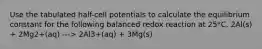 Use the tabulated half-cell potentials to calculate the equilibrium constant for the following balanced redox reaction at 25*C. 2Al(s) + 2Mg2+(aq) ---> 2Al3+(aq) + 3Mg(s)