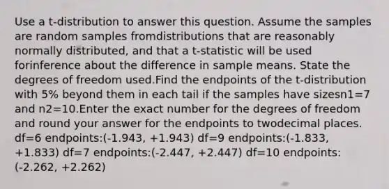 Use a t-distribution to answer this question. Assume the samples are random samples fromdistributions that are reasonably normally distributed, and that a t-statistic will be used forinference about the difference in sample means. State the degrees of freedom used.Find the endpoints of the t-distribution with 5% beyond them in each tail if the samples have sizesn1=7 and n2=10.Enter the exact number for the degrees of freedom and round your answer for the endpoints to twodecimal places. df=6 endpoints:(-1.943, +1.943) df=9 endpoints:(-1.833, +1.833) df=7 endpoints:(-2.447, +2.447) df=10 endpoints:(-2.262, +2.262)