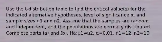 Use the​ t-distribution table to find the critical​ value(s) for the indicated alternative​ hypotheses, level of significance α​, and sample sizes n1 and n2. Assume that the samples are random and​ independent, and the populations are normally distributed. Complete parts​ (a) and​ (b). Ha​:μ1≠μ2​, α=0.01​, n1=12​, n2=10