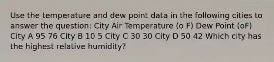 Use the temperature and dew point data in the following cities to answer the question: City Air Temperature (o F) Dew Point (oF) City A 95 76 City B 10 5 City C 30 30 City D 50 42 Which city has the highest relative humidity?