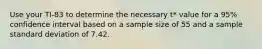 Use your TI-83 to determine the necessary t* value for a 95% confidence interval based on a sample size of 55 and a sample standard deviation of 7.42.