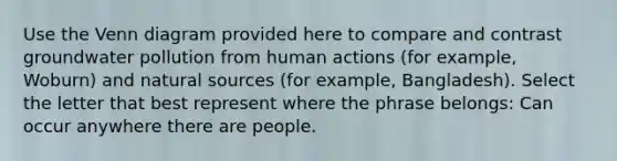 Use the Venn diagram provided here to compare and contrast groundwater pollution from human actions (for example, Woburn) and natural sources (for example, Bangladesh). Select the letter that best represent where the phrase belongs: Can occur anywhere there are people.