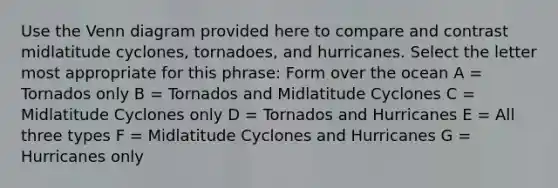 Use the Venn diagram provided here to compare and contrast midlatitude cyclones, tornadoes, and hurricanes. Select the letter most appropriate for this phrase: Form over the ocean A = Tornados only B = Tornados and Midlatitude Cyclones C = Midlatitude Cyclones only D = Tornados and Hurricanes E = All three types F = Midlatitude Cyclones and Hurricanes G = Hurricanes only