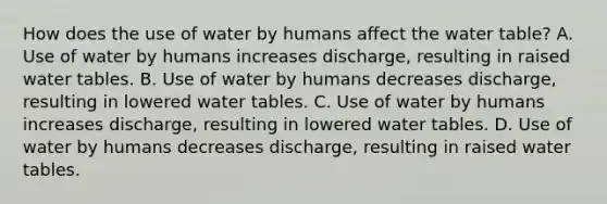 How does the use of water by humans affect the water table? A. Use of water by humans increases discharge, resulting in raised water tables. B. Use of water by humans decreases discharge, resulting in lowered water tables. C. Use of water by humans increases discharge, resulting in lowered water tables. D. Use of water by humans decreases discharge, resulting in raised water tables.