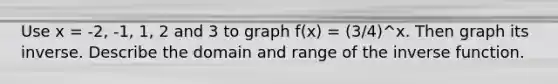 Use x = -2, -1, 1, 2 and 3 to graph f(x) = (3/4)^x. Then graph its inverse. Describe the domain and range of the <a href='https://www.questionai.com/knowledge/kmNesvRYOc-inverse-function' class='anchor-knowledge'>inverse function</a>.