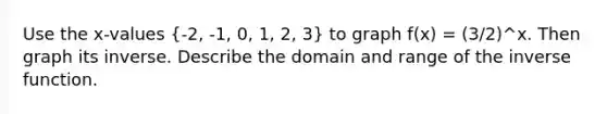 Use the x-values (-2, -1, 0, 1, 2, 3) to graph f(x) = (3/2)^x. Then graph its inverse. Describe the domain and range of the inverse function.