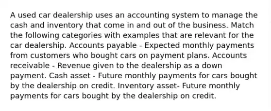 A used car dealership uses an accounting system to manage the cash and inventory that come in and out of the business. Match the following categories with examples that are relevant for the car dealership. Accounts payable - Expected monthly payments from customers who bought cars on payment plans. Accounts receivable - Revenue given to the dealership as a down payment. Cash asset - Future monthly payments for cars bought by the dealership on credit. Inventory asset- Future monthly payments for cars bought by the dealership on credit.