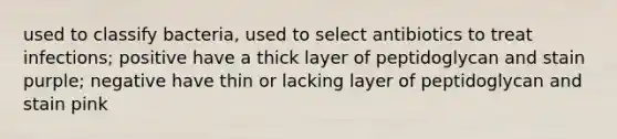 used to classify bacteria, used to select antibiotics to treat infections; positive have a thick layer of peptidoglycan and stain purple; negative have thin or lacking layer of peptidoglycan and stain pink