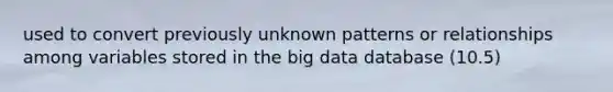 used to convert previously unknown patterns or relationships among variables stored in the big data database (10.5)