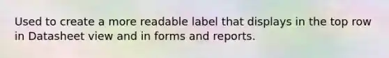 Used to create a more readable label that displays in the top row in Datasheet view and in forms and reports.