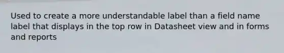 Used to create a more understandable label than a field name label that displays in the top row in Datasheet view and in forms and reports