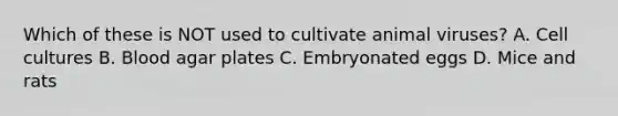 Which of these is NOT used to cultivate animal viruses? A. Cell cultures B. Blood agar plates C. Embryonated eggs D. Mice and rats