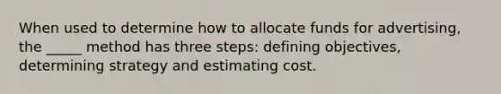 When used to determine how to allocate funds for advertising, the _____ method has three steps: defining objectives, determining strategy and estimating cost.