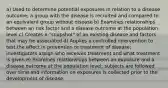 a) Used to determine potential exposures in relation to a disease outcome; a group with the disease is recruited and compared to an equivalent group without disease b) Examines relationships between an risk factor and a disease outcome at the population level c) Creates a "snapshot" of an existing disease and factors that may be associated d) Applies a controlled intervention to test the effect in prevention or treatment of disease; investigators assign who receives treatment and what treatment is given e) Examines relationships between an exposure and a disease outcome at the population level; subjects are followed over time and information on exposures is collected prior to the development of disease