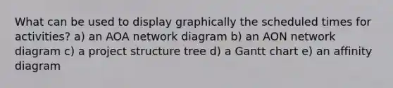 What can be used to display graphically the scheduled times for activities? a) an AOA network diagram b) an AON network diagram c) a project structure tree d) a Gantt chart e) an affinity diagram