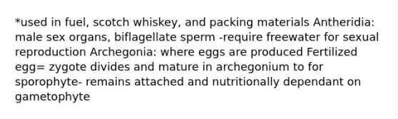 *used in fuel, scotch whiskey, and packing materials Antheridia: male sex organs, biflagellate sperm -require freewater for sexual reproduction Archegonia: where eggs are produced Fertilized egg= zygote divides and mature in archegonium to for sporophyte- remains attached and nutritionally dependant on gametophyte