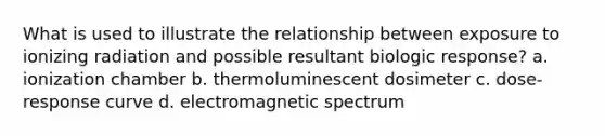 What is used to illustrate the relationship between exposure to ionizing radiation and possible resultant biologic response? a. ionization chamber b. thermoluminescent dosimeter c. dose-response curve d. electromagnetic spectrum