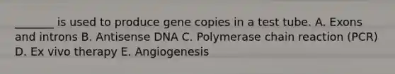 _______ is used to produce gene copies in a test tube. A. Exons and introns B. Antisense DNA C. Polymerase chain reaction (PCR) D. Ex vivo therapy E. Angiogenesis