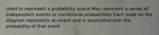 Used to represent a probability space May represent a series of independent events or conditional probabilities Each node on the diagram represents an event and is associated with the probability of that event