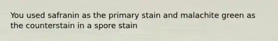 You used safranin as the primary stain and malachite green as the counterstain in a spore stain