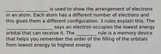 ________ __________ is used to show the arrangement of electrons in an atom. Each atom has a different number of electrons and this gives them a different configuration. 3 rules explain this. The __________ __________ says an electron occupies the lowest energy orbital that can receive it. The _________ rule is a memory device that helps you remember the order of the filling of the orbitals from lowest energy to highest energy