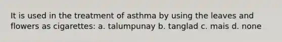 It is used in the treatment of asthma by using the leaves and flowers as cigarettes: a. talumpunay b. tanglad c. mais d. none