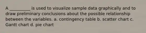 A __________ is used to visualize sample data graphically and to draw preliminary conclusions about the possible relationship between the variables. a. contingency table b. scatter chart c. Gantt chart d. <a href='https://www.questionai.com/knowledge/kDrHXijglR-pie-chart' class='anchor-knowledge'>pie chart</a>