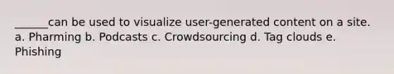 ______can be used to visualize user-generated content on a site. a. Pharming b. Podcasts c. Crowdsourcing d. Tag clouds e. Phishing