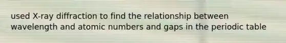used X-ray diffraction to find the relationship between wavelength and atomic numbers and gaps in <a href='https://www.questionai.com/knowledge/kIrBULvFQz-the-periodic-table' class='anchor-knowledge'>the periodic table</a>
