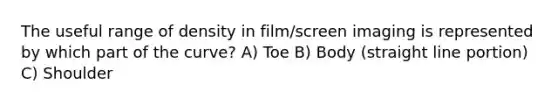 The useful range of density in film/screen imaging is represented by which part of the curve? A) Toe B) Body (straight line portion) C) Shoulder