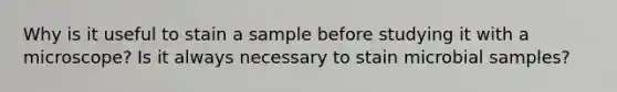 Why is it useful to stain a sample before studying it with a microscope? Is it always necessary to stain microbial samples?