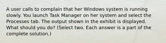 A user calls to complain that her Windows system is running slowly. You launch Task Manager on her system and select the Processes tab. The output shown in the exhibit is displayed. What should you do? (Select two. Each answer is a part of the complete solution.)