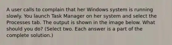 A user calls to complain that her Windows system is running slowly. You launch Task Manager on her system and select the Processes tab. The output is shown in the image below. What should you do? (Select two. Each answer is a part of the complete solution.)