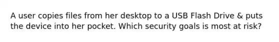 A user copies files from her desktop to a USB Flash Drive & puts the device into her pocket. Which security goals is most at risk?