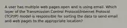 A user has multiple web pages open and is using email. Which layer of the Transmission Control Protocol/Internet Protocol (TCP/IP) model is responsible for sorting the data to send email and web pages to the appropriate location?