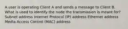 A user is operating Client A and sends a message to Client B. What is used to identify the node the transmission is meant for? Subnet address Internet Protocol (IP) address Ethernet address Media Access Control (MAC) address