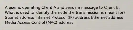 A user is operating Client A and sends a message to Client B. What is used to identify the node the transmission is meant for? Subnet address Internet Protocol (IP) address Ethernet address Media Access Control (MAC) address