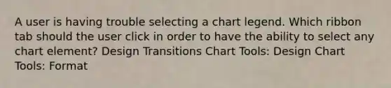 A user is having trouble selecting a chart legend. Which ribbon tab should the user click in order to have the ability to select any chart element? Design Transitions Chart Tools: Design Chart Tools: Format