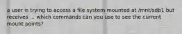 a user is trying to access a file system mounted at /mnt/sdb1 but receives ... which commands can you use to see the current mount points?