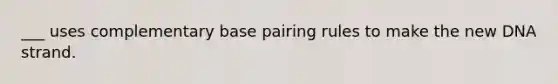 ___ uses complementary base pairing rules to make the new DNA strand.