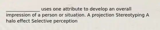 _______________ uses one attribute to develop an overall impression of a person or situation. A projection Stereotyping A halo effect Selective perception